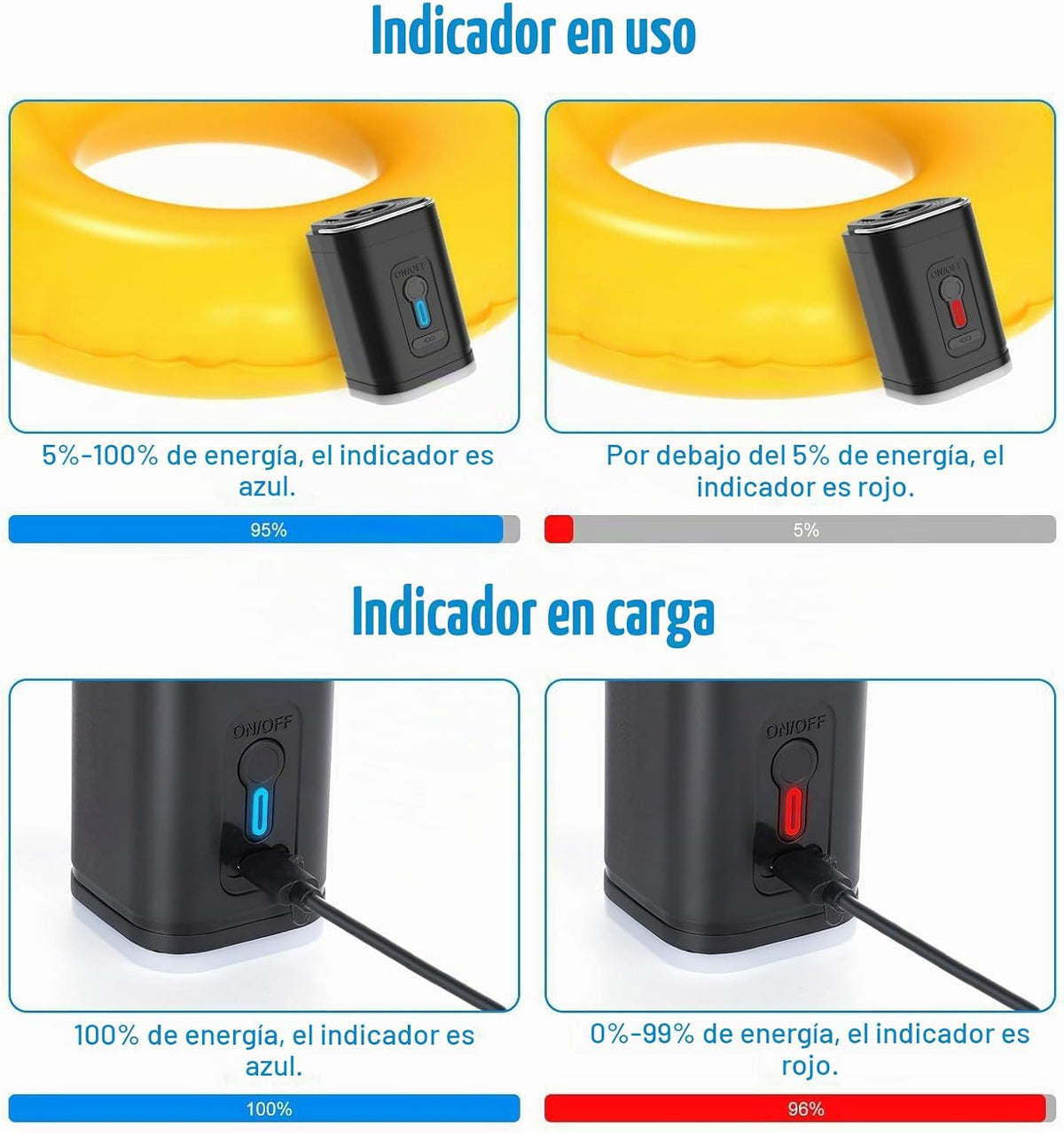 Bomba inalámbrica para inflar colchones recargables