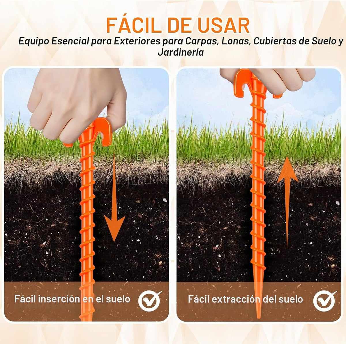 Paquete de 15 estacas de plástico en espiral para carpas, vestier o toldos